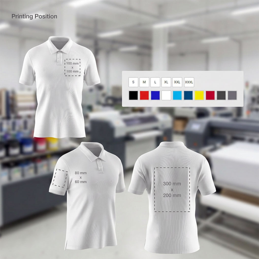 Custom polo shirt printing options showing logo print positions, sizes and shirt colors in Dubai