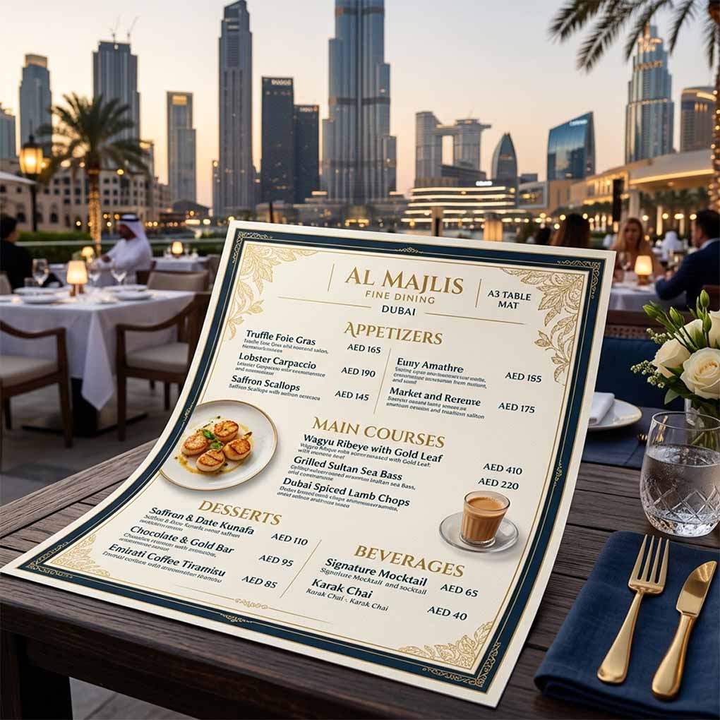 Premium fine dining restaurant menu table mat printing with elegant custom design in Dubai