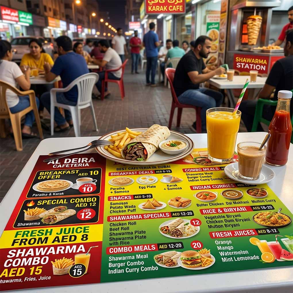 Colorful restaurant promotional table mat printing featuring combo meals, shawarma and fresh juice offers in Dubai