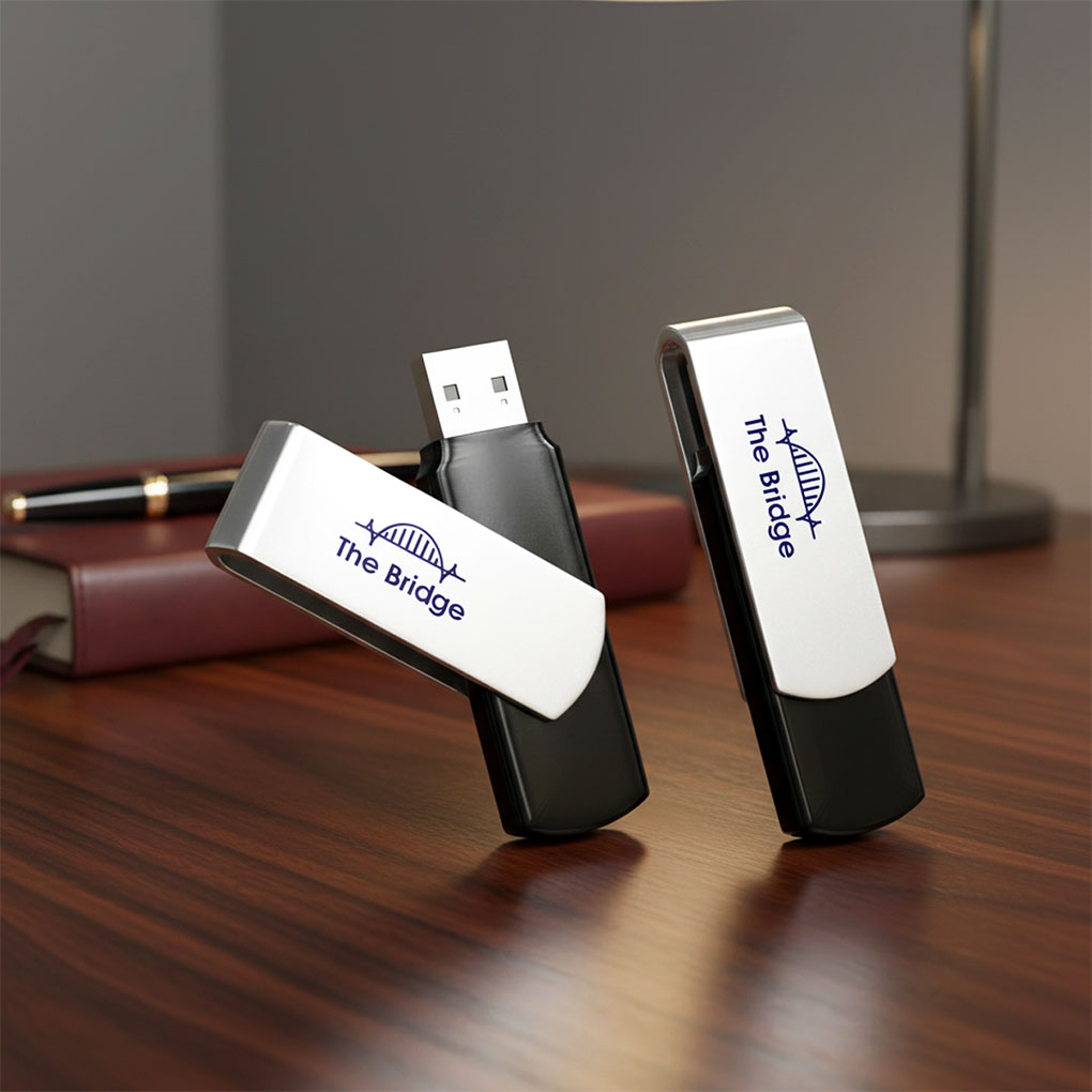 Personalized swivel USB flash drives with business logo printing for corporate promotional gifts in Dubai