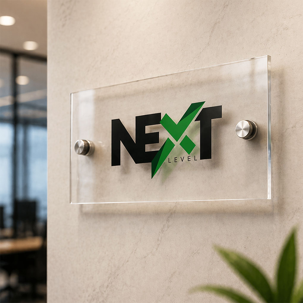 Custom acrylic office logo sign with UV printed branding and wall mounting in Dubai