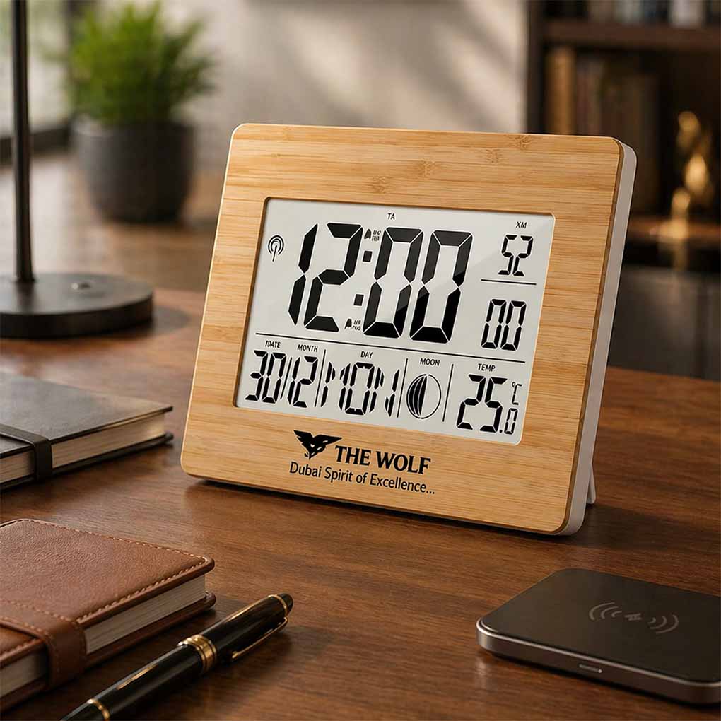 Custom branded digital desk clock with UV printed company logo for corporate gifts in Dubai
