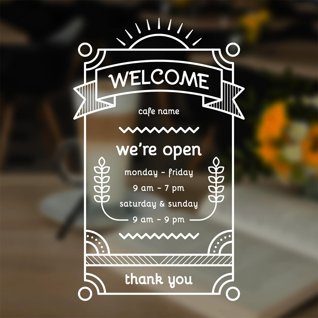 Custom cafe opening hours vinyl cut sticker for glass doors and shop windows in Dubai
