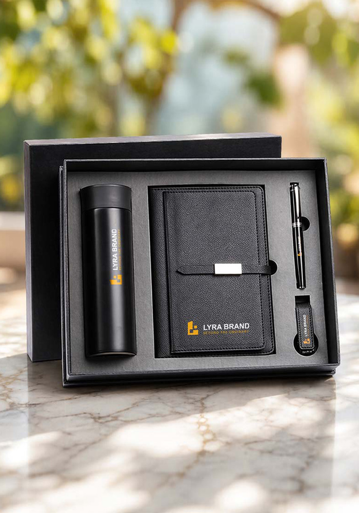 Customized corporate gift set with notebook bottle pen and logo branding in Dubai