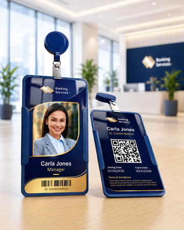 Custom employee ID card printing with photo QR code and card holder in Dubai