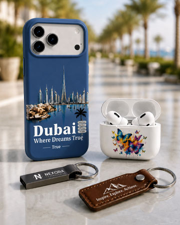 Custom UV printing on phone cases AirPods cases and promotional keychains in Dubai