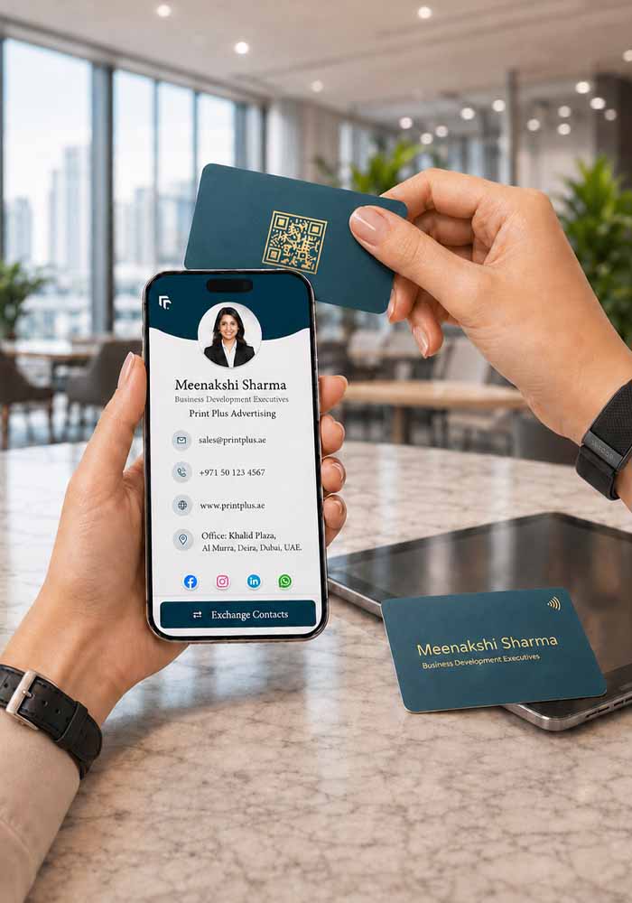 NFC digital business card with QR code and contact sharing in Dubai